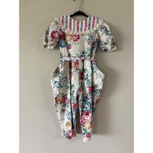 Vintage Floral Cotton Jumpsuit Girls 3T Made in USA Lace Collar Striped 80s 90s